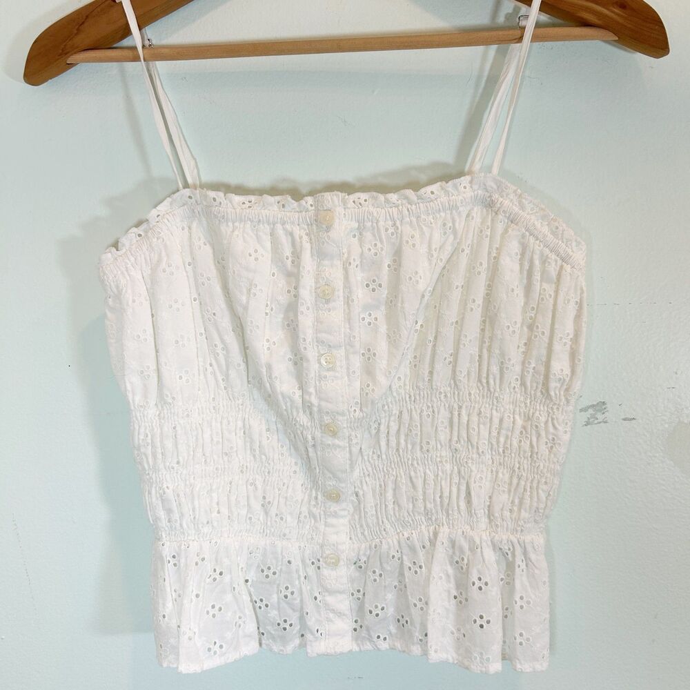 Loft White Eyelet Lace Ruched 100% Cotton Cami Top Size M Cottage Coquette